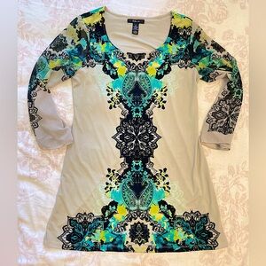 Tunic Boho Dress Womens S Tan Blue Floral Abstract Sheer Bell Sleeve Style & Co.